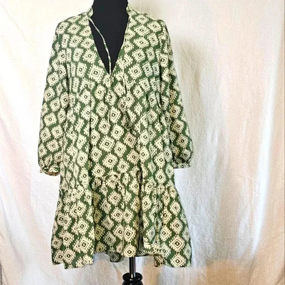 Zara Cadie Geometric Green Mini Smock Dress Boho, Cottagecore SZ Small - Picture 1 of 13